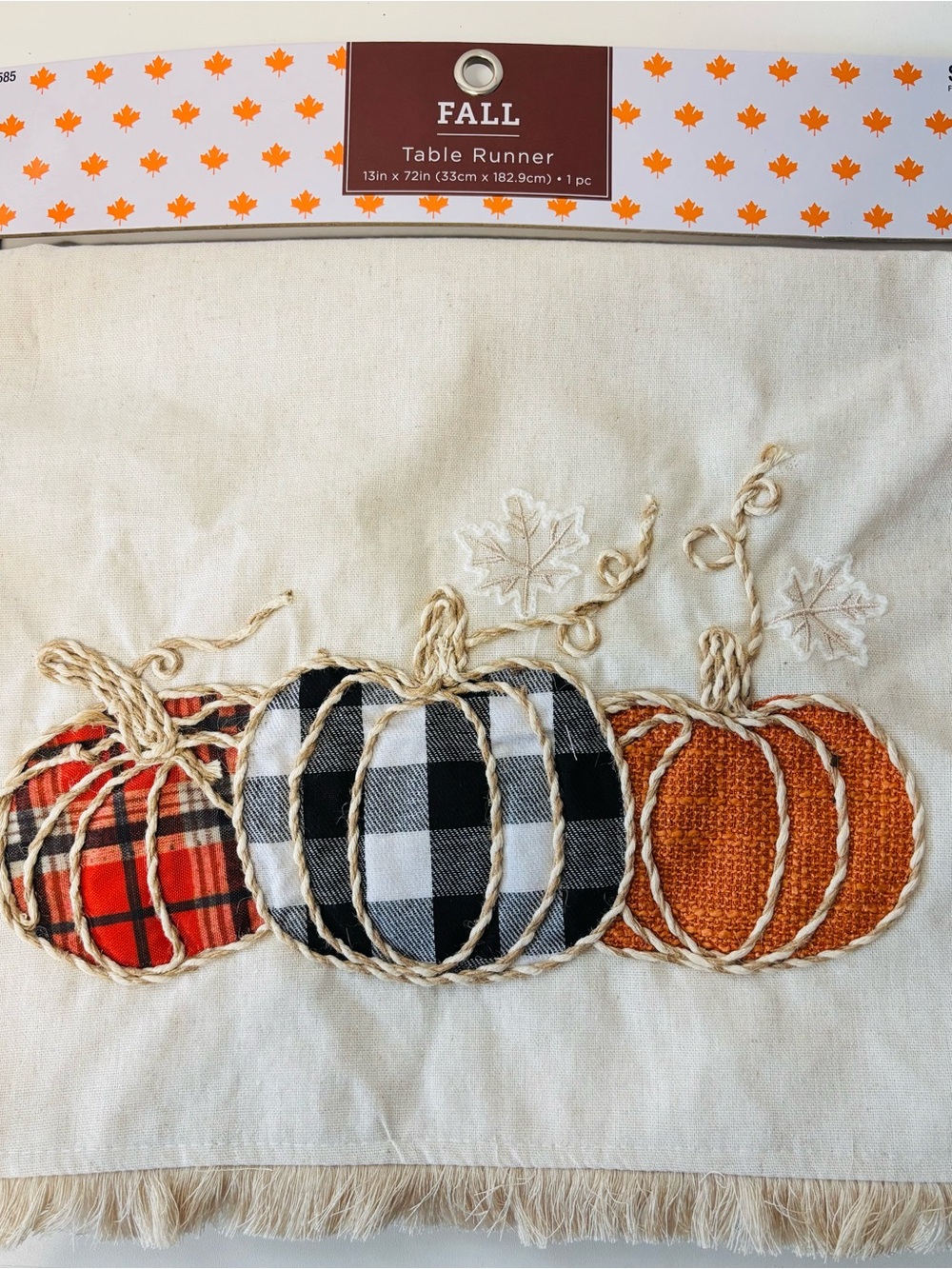 Cream Table Runner with Plaid & Orange Pumpkin Accents